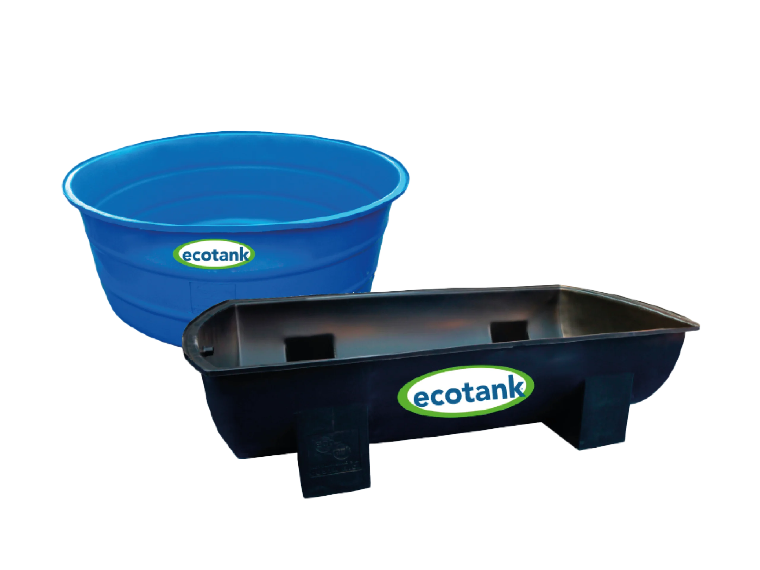 Caratula bebederos Dos bebederos grandes de almacenamiento de marca 'ecotank', uno azul de forma redonda y otro negro de forma rectangular.